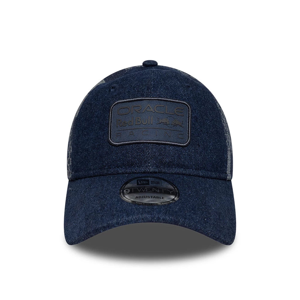Red Bull Racing Patterned Denim Dark Blue New Era 9TWENTY Adjustable Cap, front view showing a raised Oracle Red Bull Racing patch on the front panel, denim-style textured fabric, and a 9TWENTY size sticker on the curved visor.