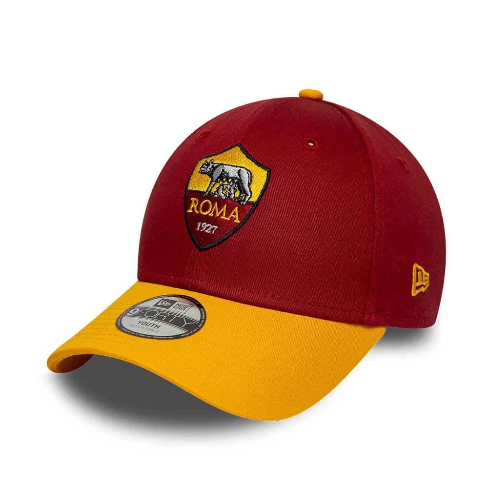 Youth AS Roma Team Dark Red New Era 9FORTY Adjustable Cap, three-quarter view showing the yellow embroidered AS Roma crest on the front panel, a contrasting yellow curved visor with a 9FORTY size sticker, and the New Era flag logo on the left side.