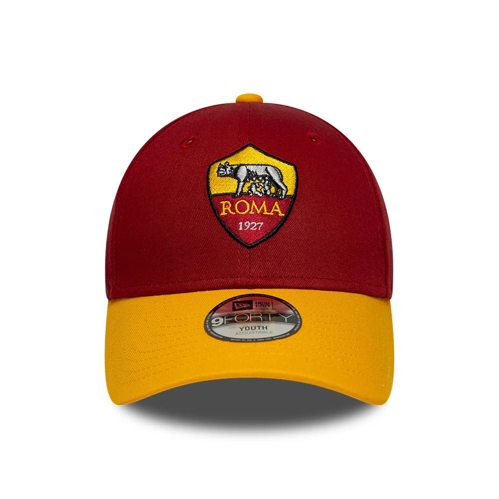 Youth AS Roma Team Dark Red New Era 9FORTY Adjustable Cap, front view showing a raised embroidered Roma crest with yellow and red on a structured dark red crown, paired with a bright yellow curved visor and a 9FORTY size sticker.