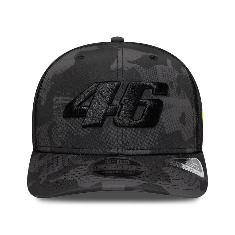 Pictured is this VR46 Camo 9SEVENTY Stretch Snap cap in black. 2