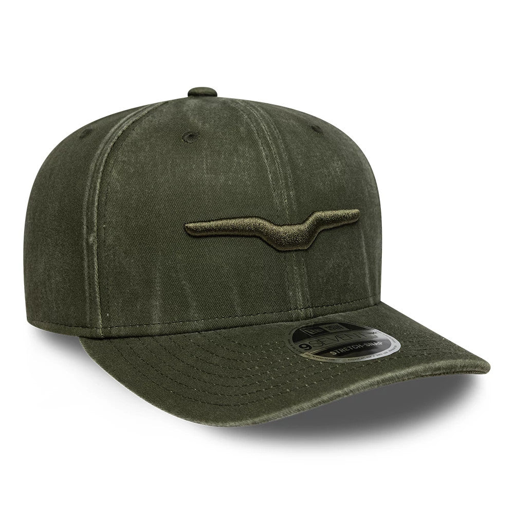 Moto Guzzi Logo Green New Era 9SEVENTY Stretch Snap Adjustable Cap, three-quarter view showing an olive green embroidered Moto Guzzi logo on the front panel, a curved green visor with a 9SEVENTY size sticker, and an olive green structured crown.