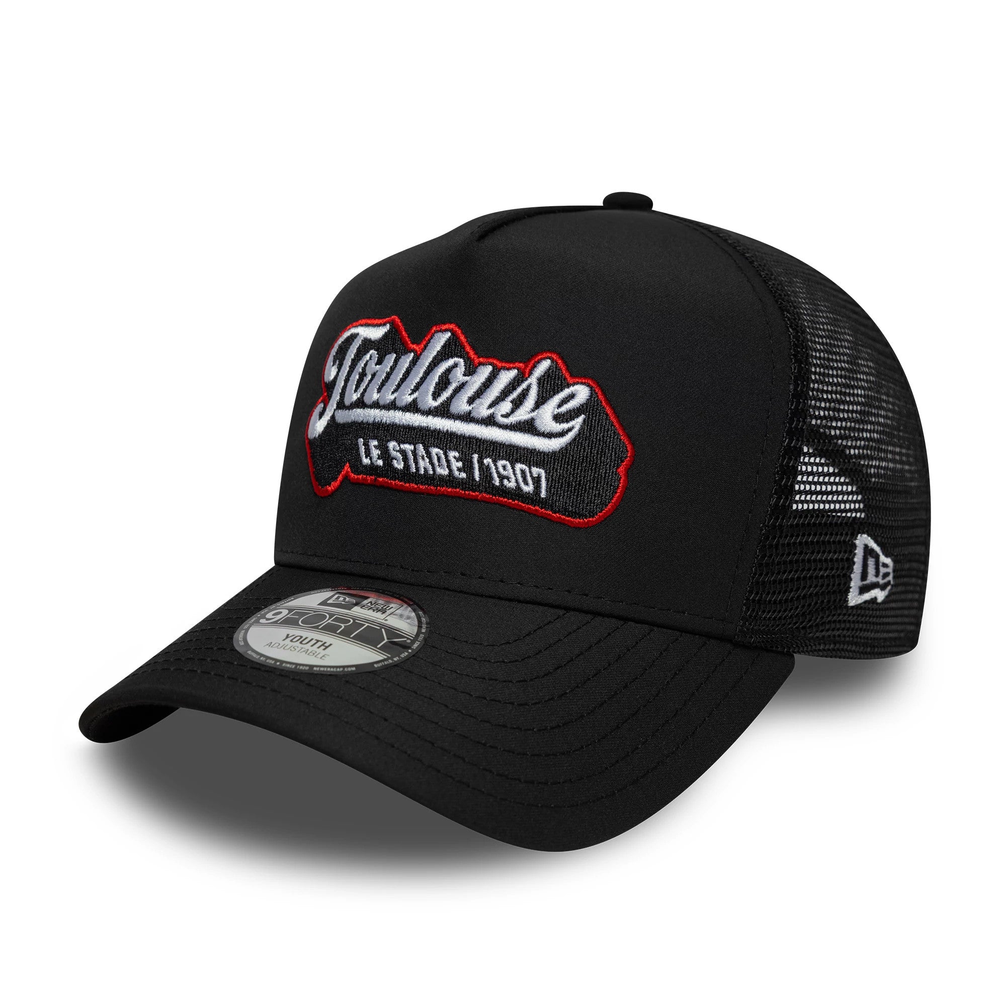 Pictured is this Youth Stade Toulousain Patch 9FORTY E-Frame Trucker cap in black. 1