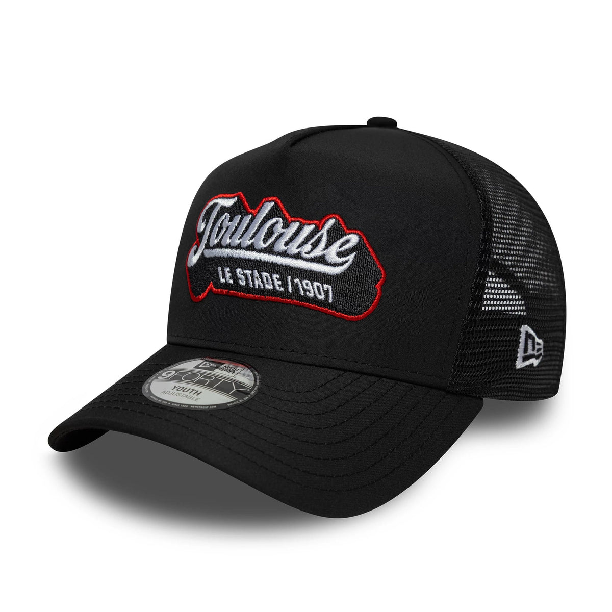 Pictured is this Youth Stade Toulousain Patch 9FORTY E-Frame Trucker cap in black. 1