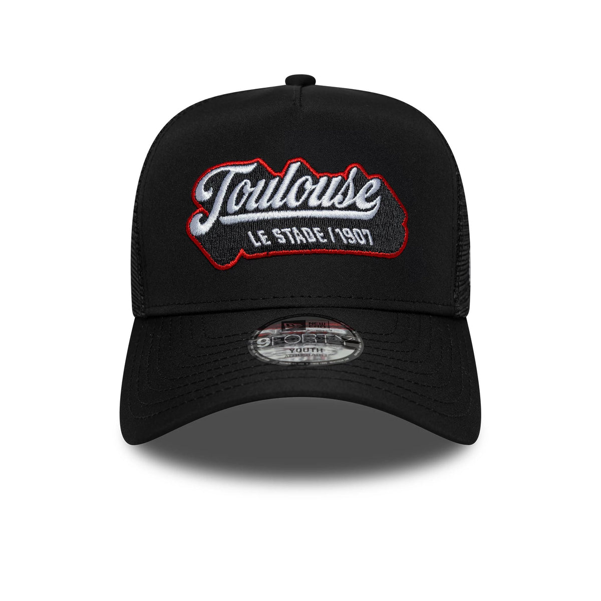 Pictured is this Youth Stade Toulousain Patch 9FORTY E-Frame Trucker cap in black. 2