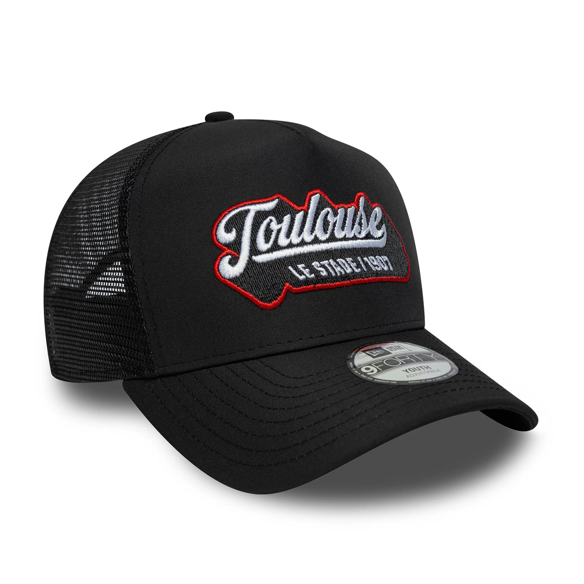 Pictured is this Youth Stade Toulousain Patch 9FORTY E-Frame Trucker cap in black. 3