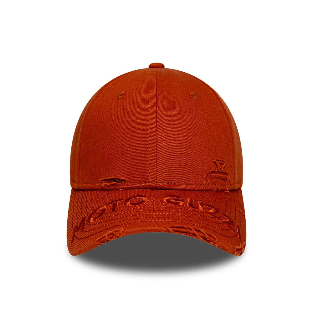 Moto Guzzi Distressed Red New Era 9FORTY M-Crown Adjustable Cap, front view showing distressed on the visor, with the Moto Guzzi logo in raised embroidery across the front panel, and matching embroidered eyelets.