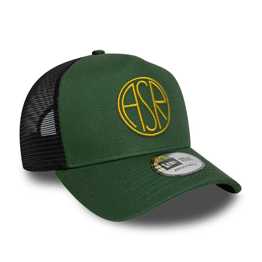 AS Roma Dark Green New Era 9FORTY E-Frame Trucker Adjustable Cap, three-quarter view showing a yellow ASR logo in raised embroidery on the front panel, curved dark green visor with a New Era 9FORTY size sticker, and black mesh back panels.