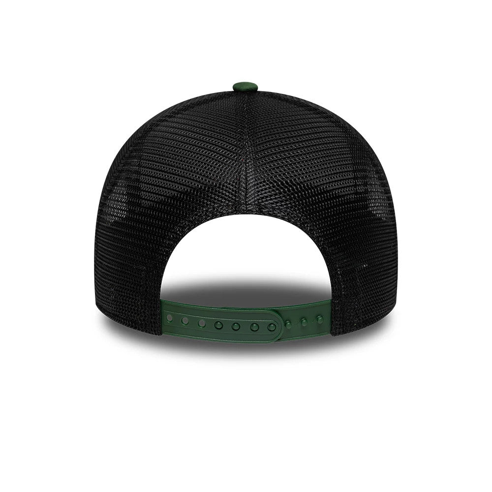 AS Roma Dark Green New Era 9FORTY E-Frame Trucker Adjustable Cap, rear view showing the black mesh back panels with a dark green adjustable strap, and a matching dark green top button on the structured crown.