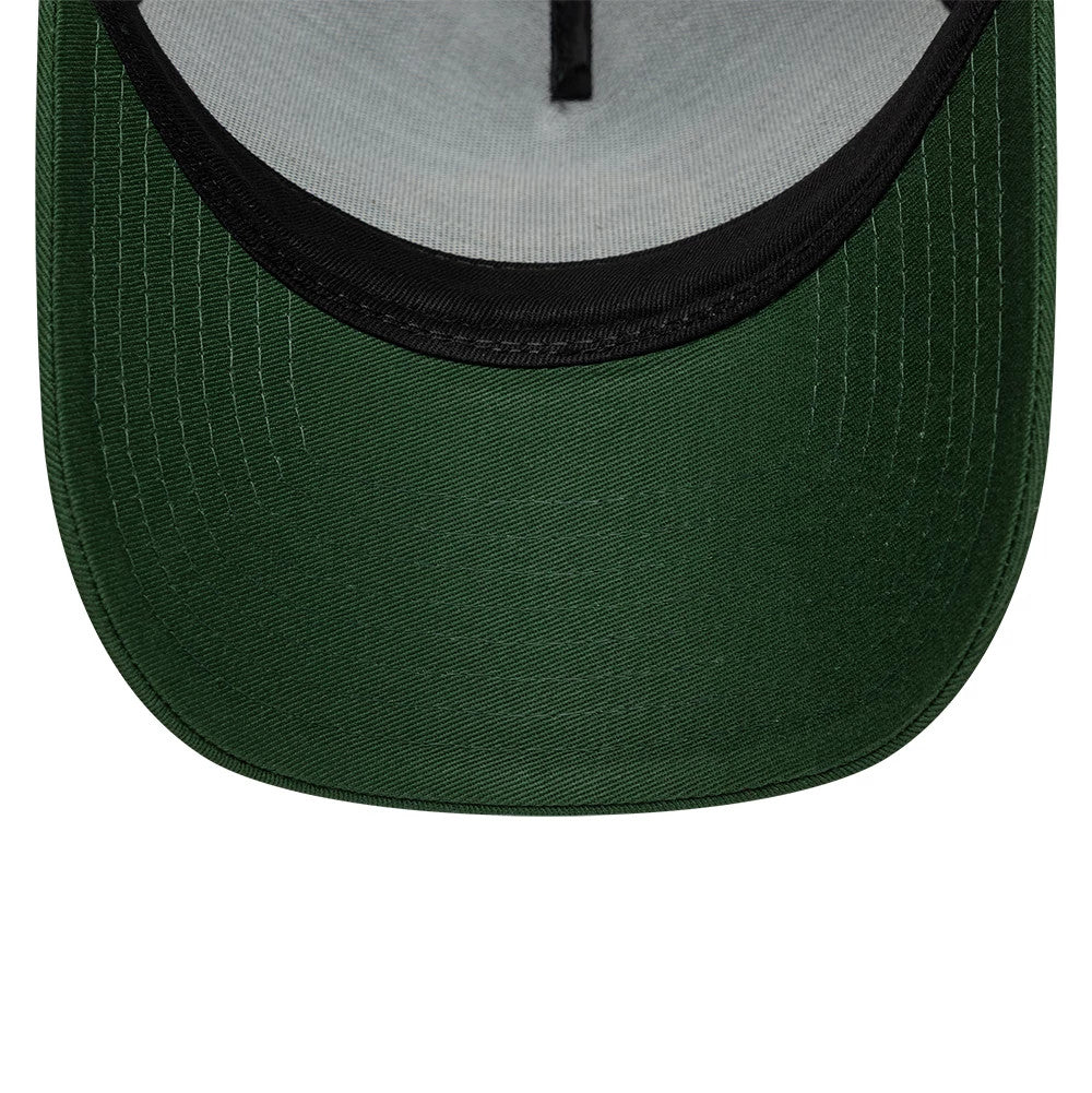 AS Roma Dark Green New Era 9FORTY E-Frame Trucker Adjustable Cap, inside view showing the green undervisor, black sweatband, and grey crown taping, highlighting the construction and intricate stitching.