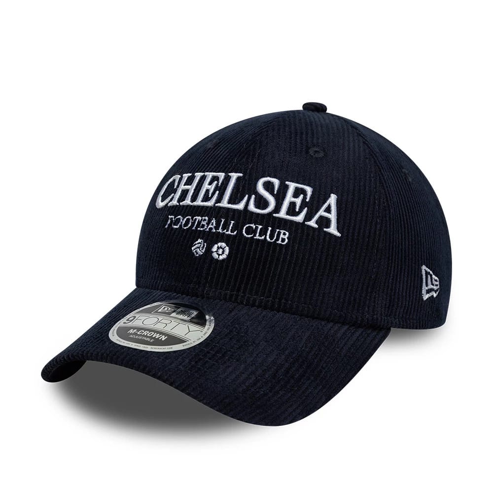 Pictured is this Chelsea FC Cord 9FORTY M-Crown cap in navy. 1