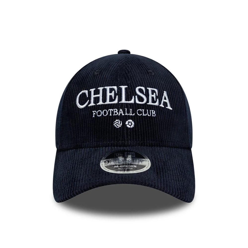Chelsea FC Cord Navy New Era 9FORTY M-Crown Adjustable Cap, front view showing the white embroidered Chelsea Football Club lettering on the structured navy corduroy crown, with a 9FORTY size sticker on the matching navy curved visor.