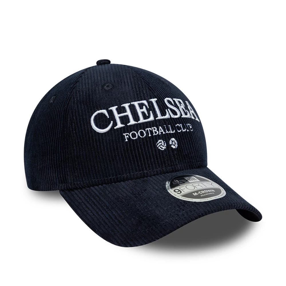 Pictured is this Chelsea FC Cord 9FORTY M-Crown cap in navy. 3