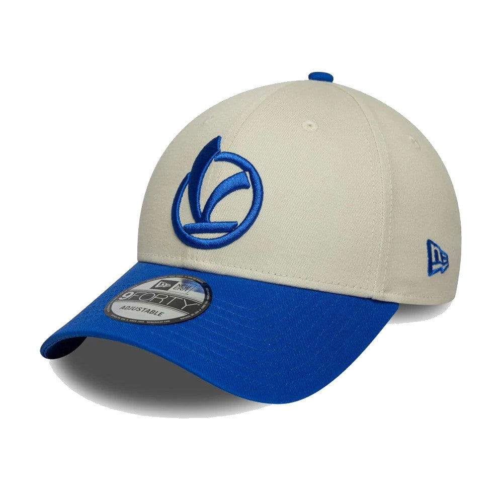 Vespa Contrast Visor Bright Blue New Era 9FORTY Adjustable Cap, front view showing a blue embroidered Vespa logo on the cream front panel, a bright blue curved visor with a 9FORTY size sticker, and a New Era flag logo on the left side.