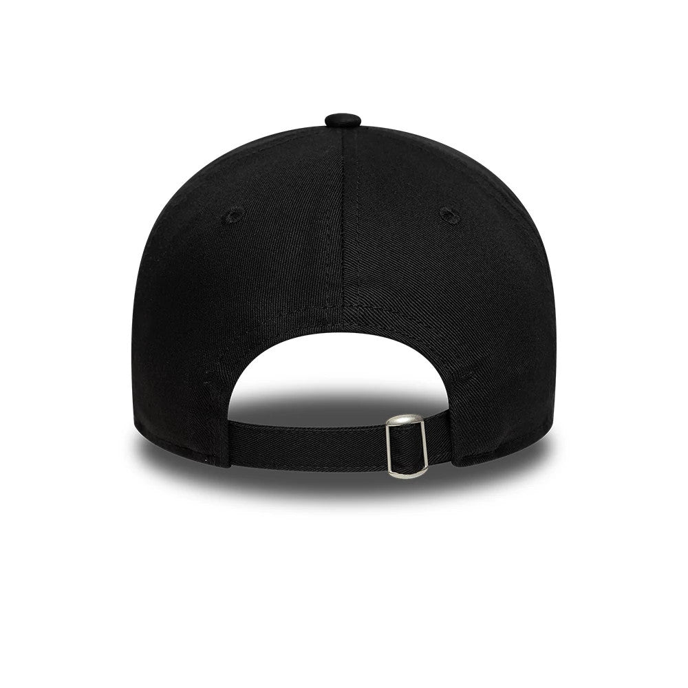 Chelsea FC Script Black New Era 9TWENTY Adjustable Cap, rear view showing the black unstructured crown with eyelet detail, an adjustable strap with a buckle for a customised fit, and a black finish across the panels.
