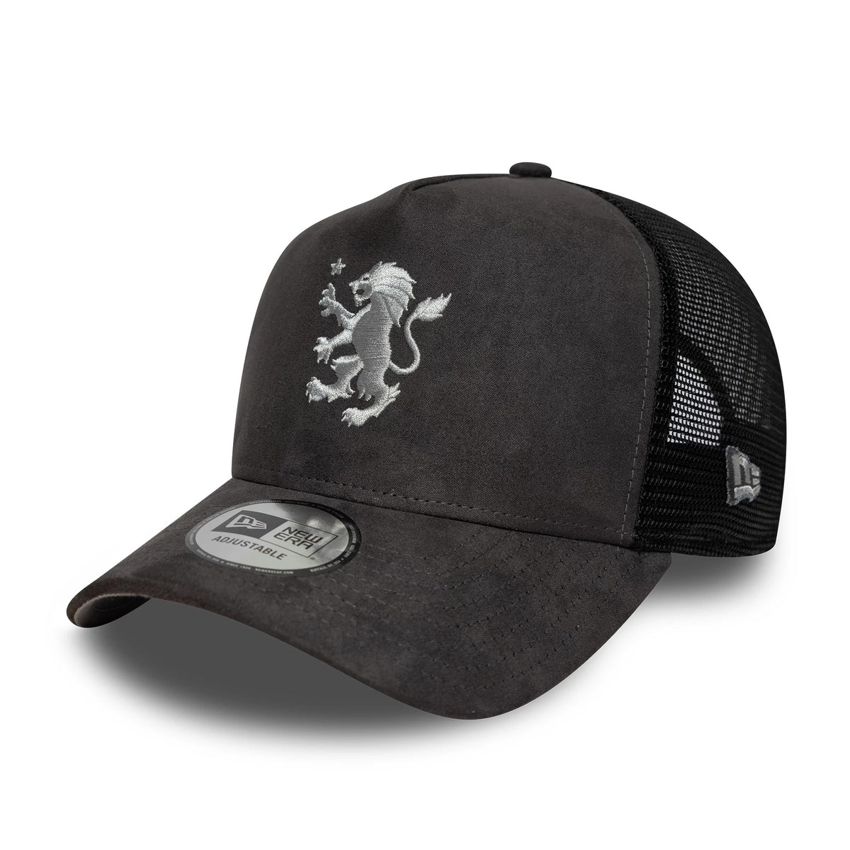 Aston Villa FC Faux Suede Dark Grey New Era 9FORTY E-Frame Trucker Adjustable Cap, three-quarter view showing the silver embroidered lion emblem on the dark grey faux suede front panel, black mesh rear panels.