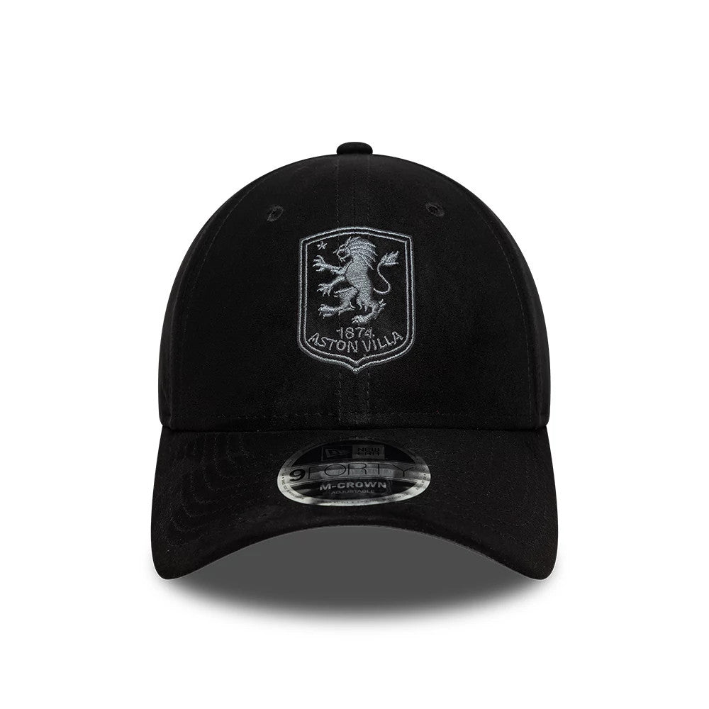Aston Villa FC Faux Suede Black New Era 9FORTY M-Crown Adjustable Cap, front view showing the detailed embroidered white and grey Aston Villa crest on the front panel, with a matching black curved visor and a 9FORTY size sticker.