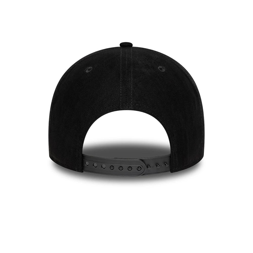Aston Villa FC Faux Suede Black New Era 9FORTY M-Crown Adjustable Cap, rear view showing the black adjustable strap with snap closure, the soft faux suede black material covering the structured crown, and two air eyelets near the top button.