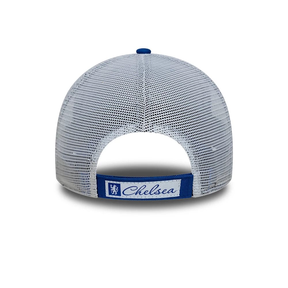 Chelsea FC League Blue New Era 9FORTY Adjustable Cap, rear view showing the blue mesh crown with a blue top button, featuring a blue adjustable strap with a white Chelsea logo tag across the back opening.