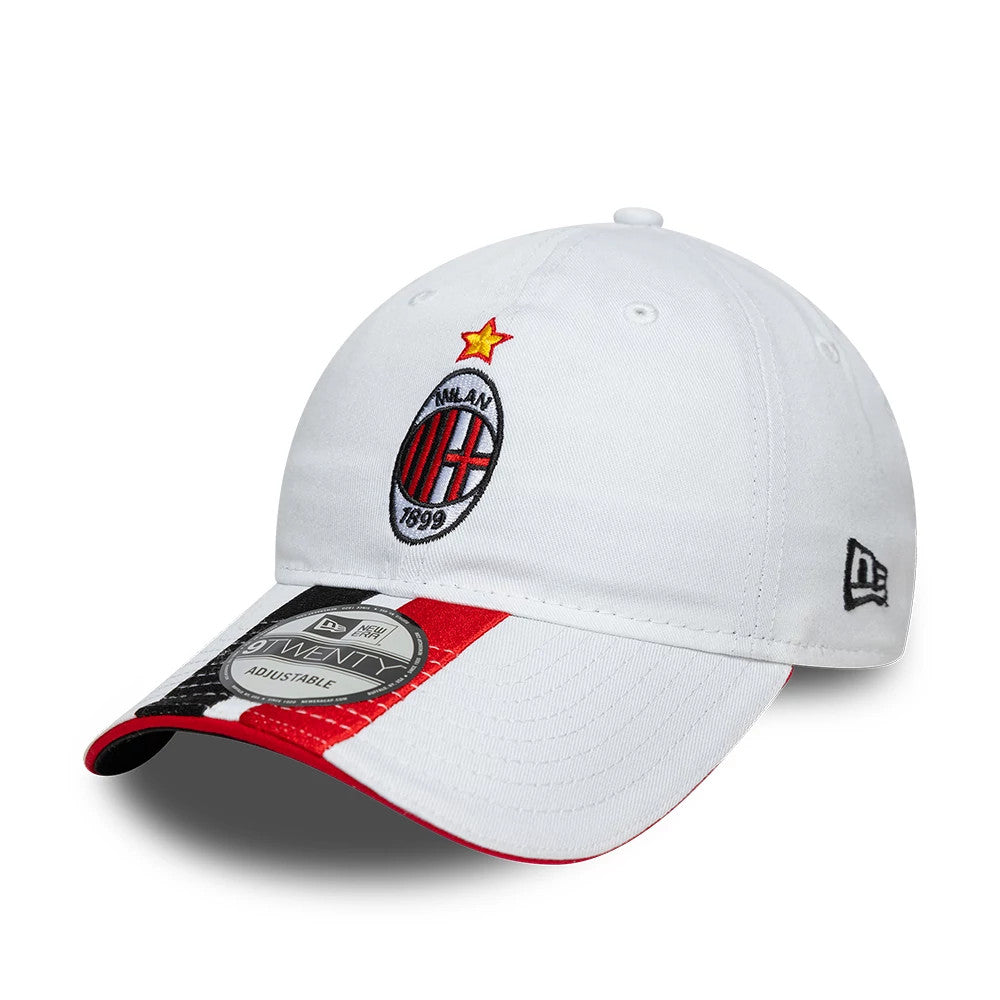 AC Milan 96 White New Era 9TWENTY Adjustable Cap, front view showing the red and black AC Milan logo with a yellow star embroidered on the white crown, a curved visor with a 9TWENTY size sticker, and the New Era flag logo on the left side.