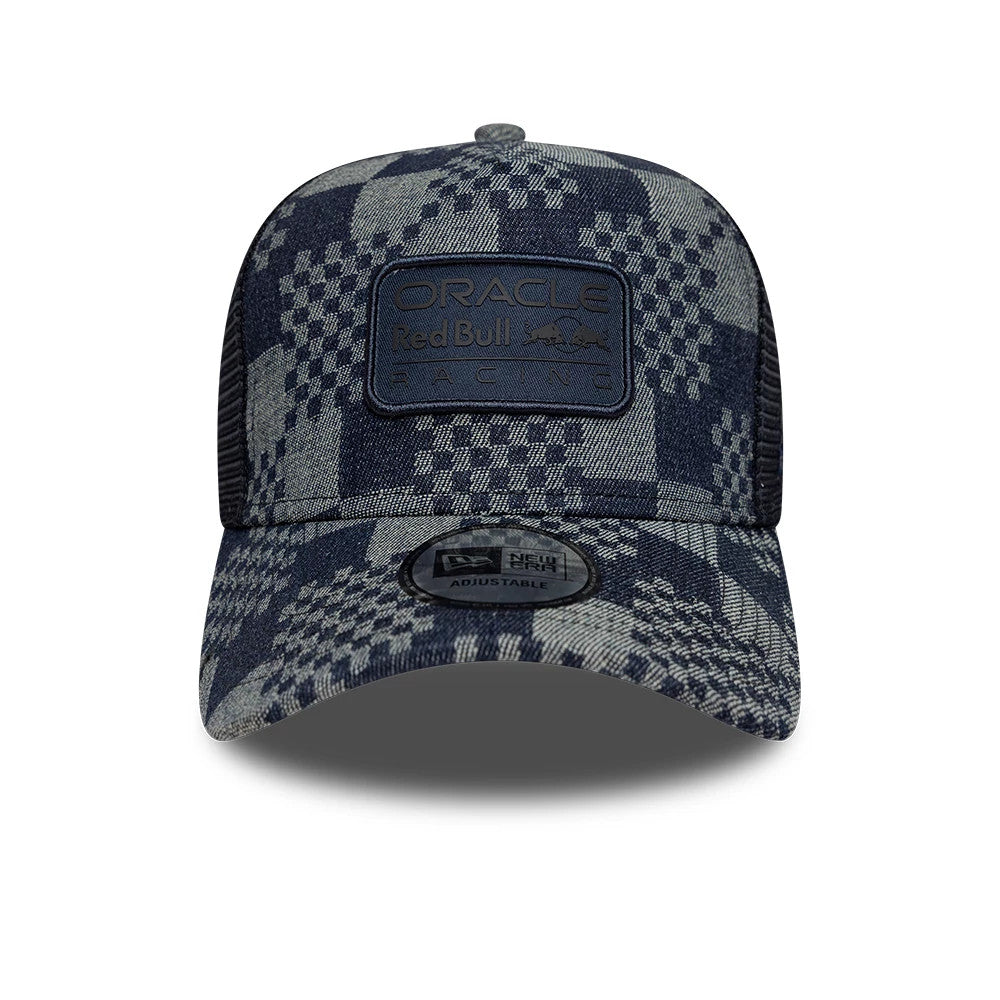 Red Bull Racing Patterned Denim Dark Blue New Era 9FORTY E-Frame Trucker Adjustable Cap, front view showing a raised embroidered patch with Oracle Red Bull Racing logo on the structured denim-patterned crown.