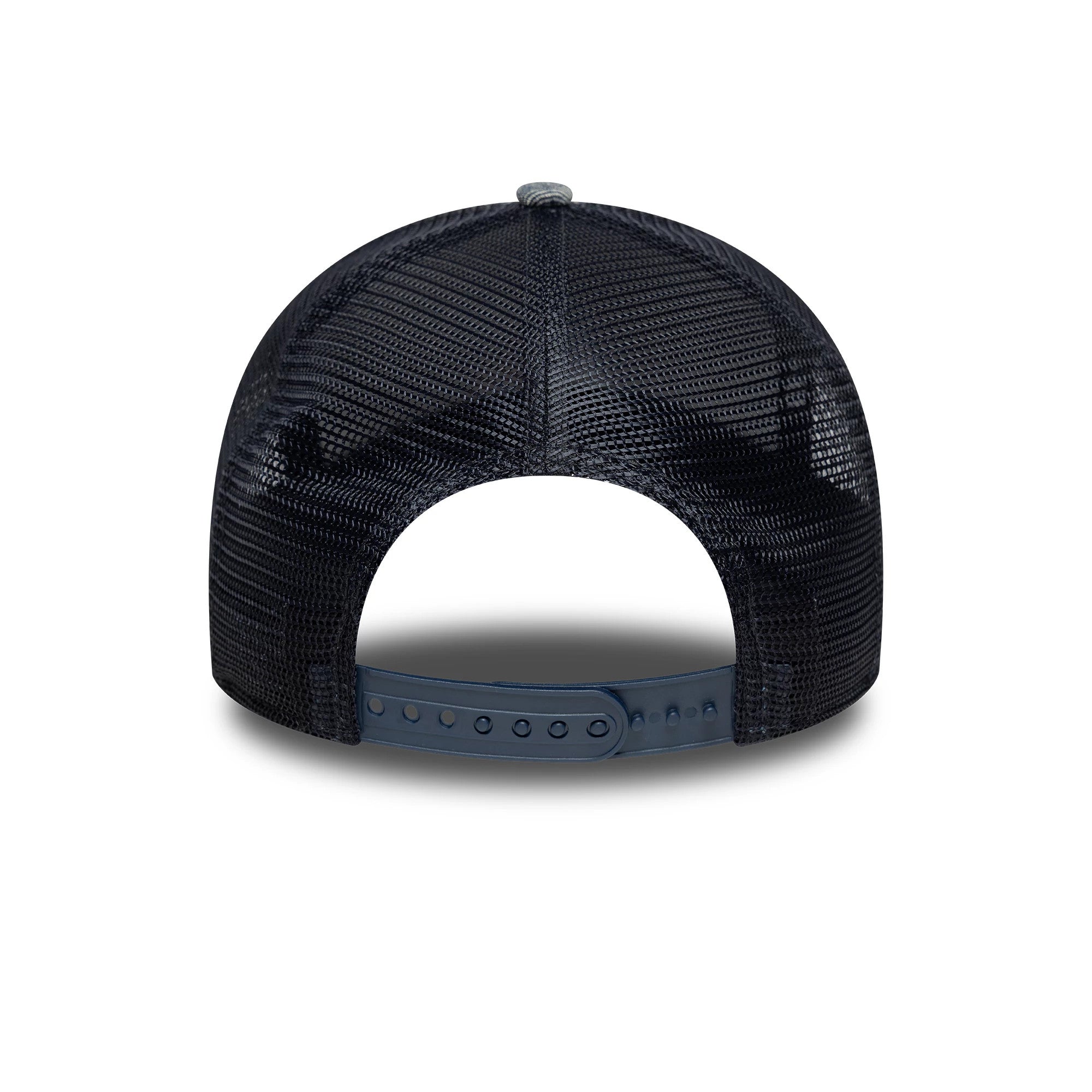 Pictured is this Red Bull Racing Patterned Denim 9FORTY E-Frame Trucker cap in dark blue. 4