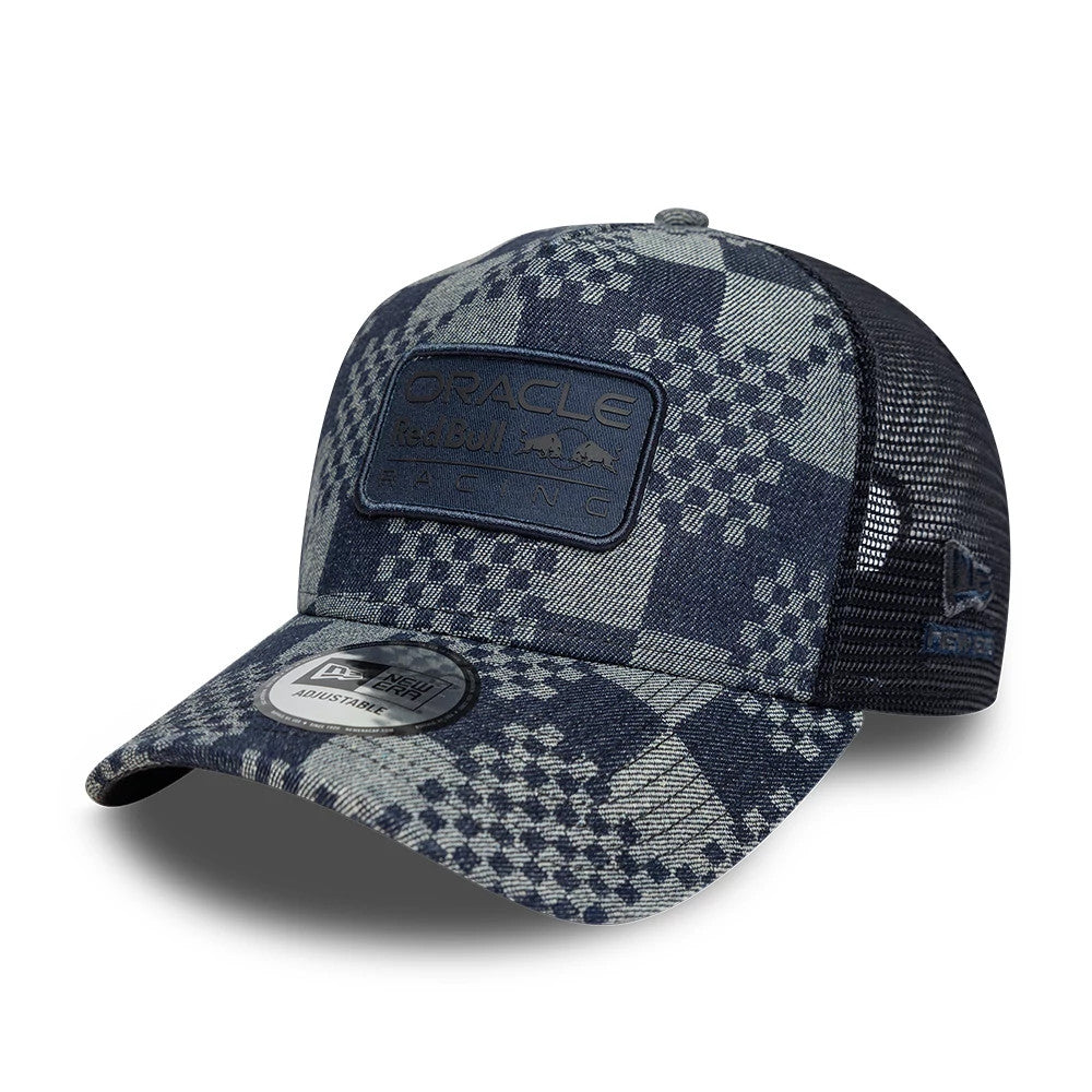 Red Bull Racing Patterned Denim Dark Blue New Era 9FORTY E-Frame Trucker Adjustable Cap, front view showing the raised black Red Bull Racing patch on the patterned denim front panels, black mesh side panels.