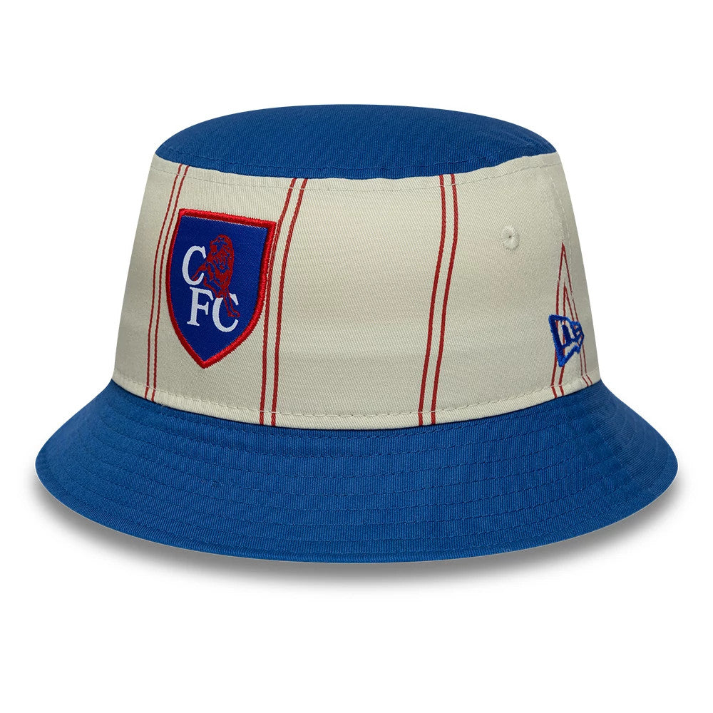 New Era Chelsea FC 92 Cream & Blue Bucket Hat, front view showing the embroidered CFC crest on the cream crown with red vertical stripes and a blue top, detailed with a blue visor and the New Era flag logo on the side.