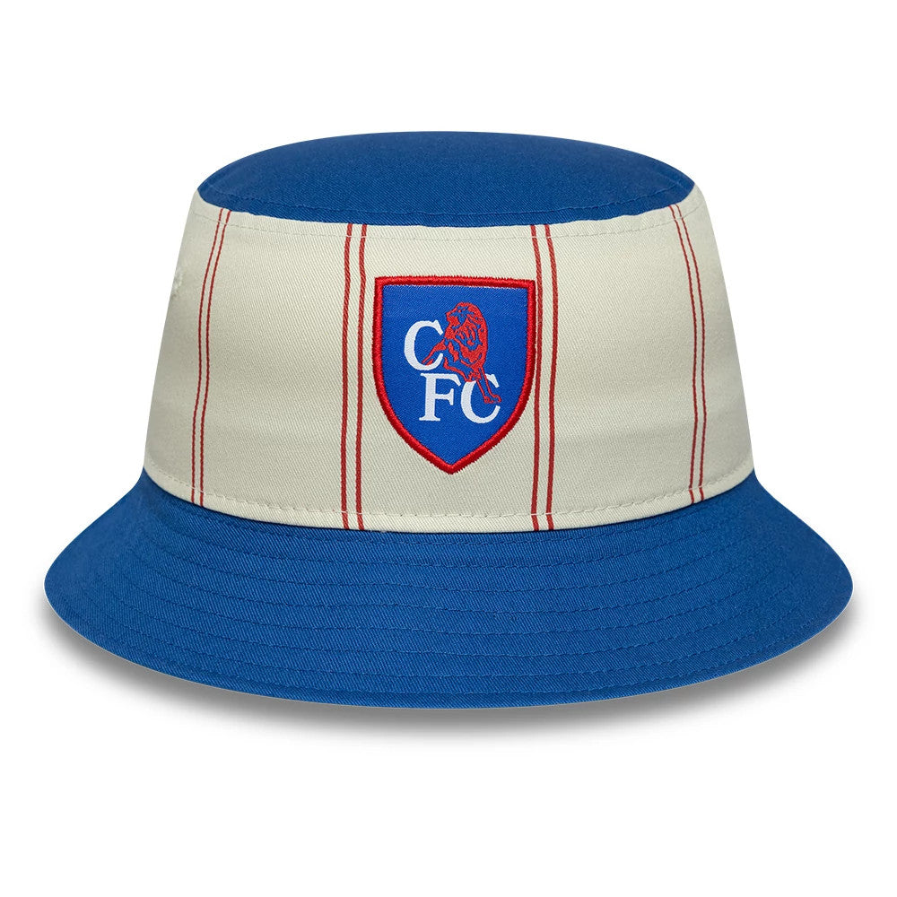 New Era Chelsea FC 92 Cream & Blue Bucket Hat, front view showing the embroidered Chelsea FC crest on the cream panels with red stripes, complemented by a blue top and a wide, blue visor.