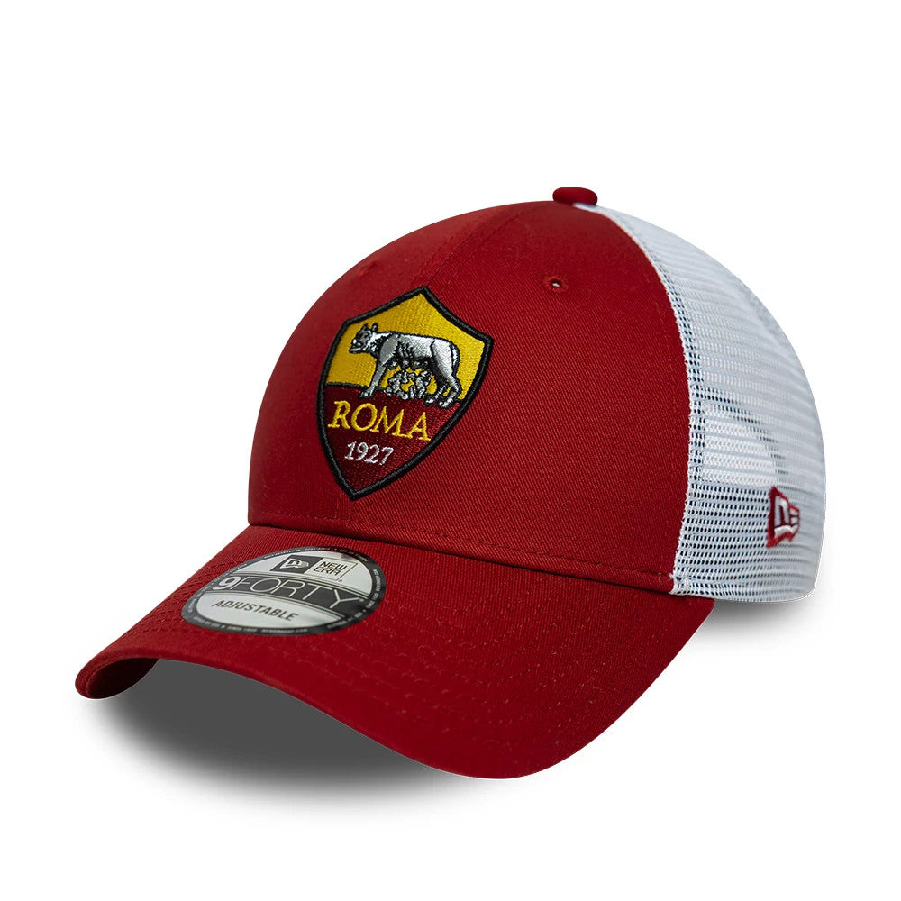 AS Roma League Dark Red New Era 9FORTY Adjustable Cap, three-quarter view showing the raised embroidered AS Roma crest in gold and red on the dark red front panels, a curved visor with a 9FORTY size sticker.