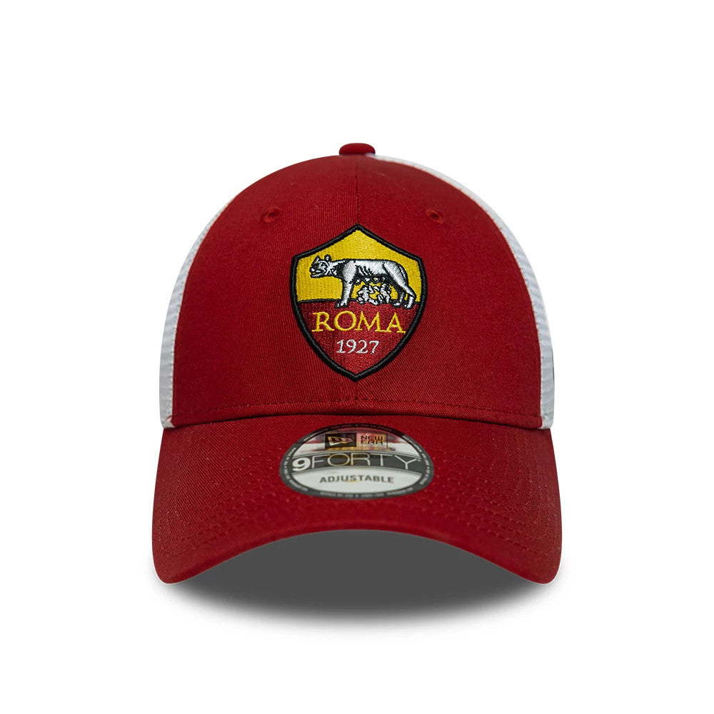 AS Roma League Dark Red New Era 9FORTY Adjustable Cap, front view showing a raised embroidered AS Roma crest in yellow and red with a wolf motif on the front panels, and a 9FORTY size sticker on the dark red curved visor.