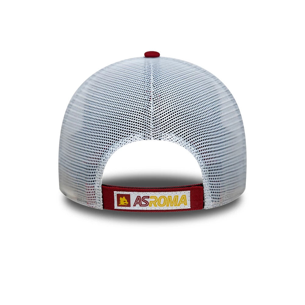 AS Roma League Dark Red New Era 9FORTY Adjustable Cap, rear view showing the white mesh back panels with an adjustable dark red strap, and an embroidered AS Roma logo patch in yellow and red placed centrally above the opening.