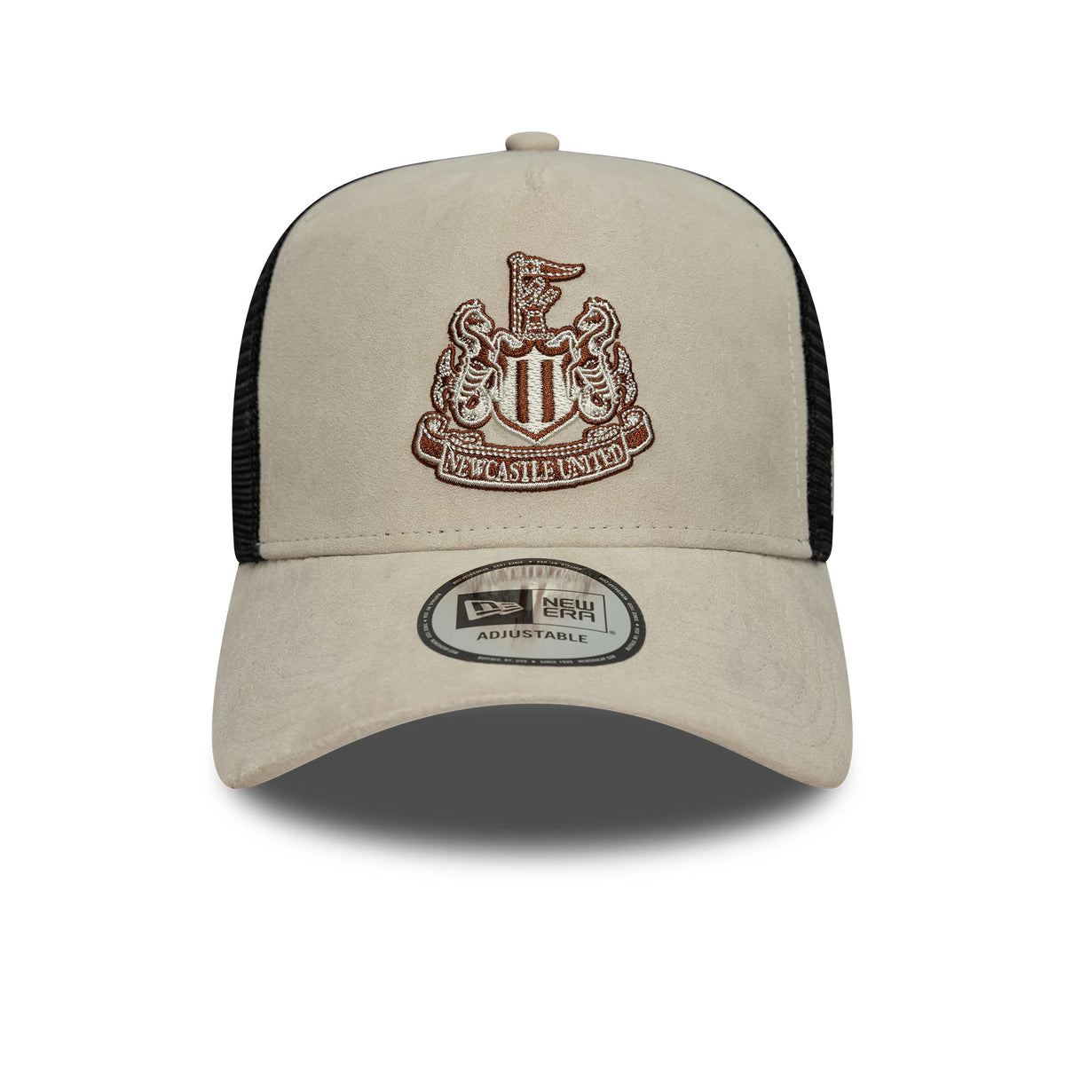 Newcastle United FC Faux Suede Cream New Era 9FORTY E-Frame Trucker Adjustable Cap, front view showing the brown embroidered crest on the cream faux suede front panel, with a curved visor and 9FORTY size sticker, and black mesh side panels.