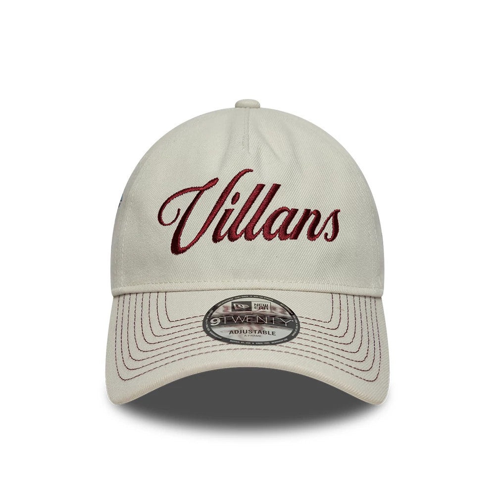 Aston Villa FC Villans White New Era 9TWENTY A-Frame Adjustable Cap, front view showing maroon raised Villans script embroidery across the front panel, curved white visor with matching stitching, and 9TWENTY size sticker at the centre.