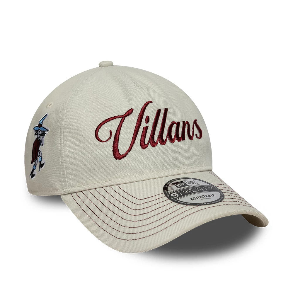 Aston Villa FC Villans White New Era 9TWENTY A-Frame Adjustable Cap, three-quarter view showing the burgundy 'Villans' script embroidered on the front panel, a Viking character on the left side, and a 9TWENTY size sticker on the curved visor.