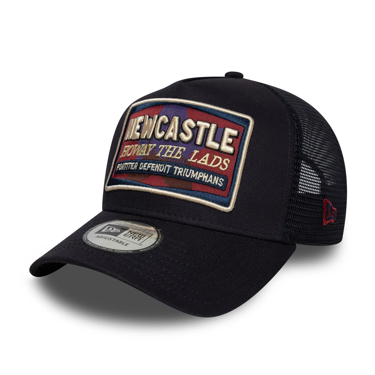 Newcastle United FC Navy New Era 9FORTY E-Frame Trucker Adjustable Cap, three-quarter view showing a large embroidered patch on the front panel with Newcastle in white, a grey 9FORTY size sticker on the curved visor.