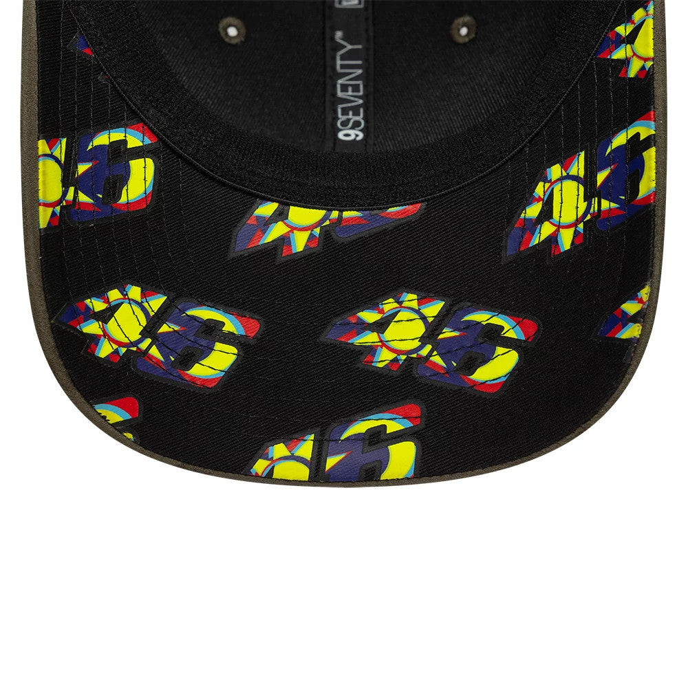VR46 Flawless Green New Era 9SEVENTY Stretch Snap Adjustable Cap, inside view showing a black undervisor with a repeated VR46 graphic pattern, a black sweatband, and black taping with white 9SEVENTY branding along the central seam.