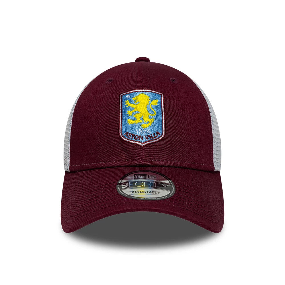 Aston Villa FC League Dark Red New Era 9FORTY Adjustable Cap, front view showing the raised, embroidered Aston Villa crest in blue and yellow on the front panel, a curved dark red visor and a 9FORTY size sticker on the centre.