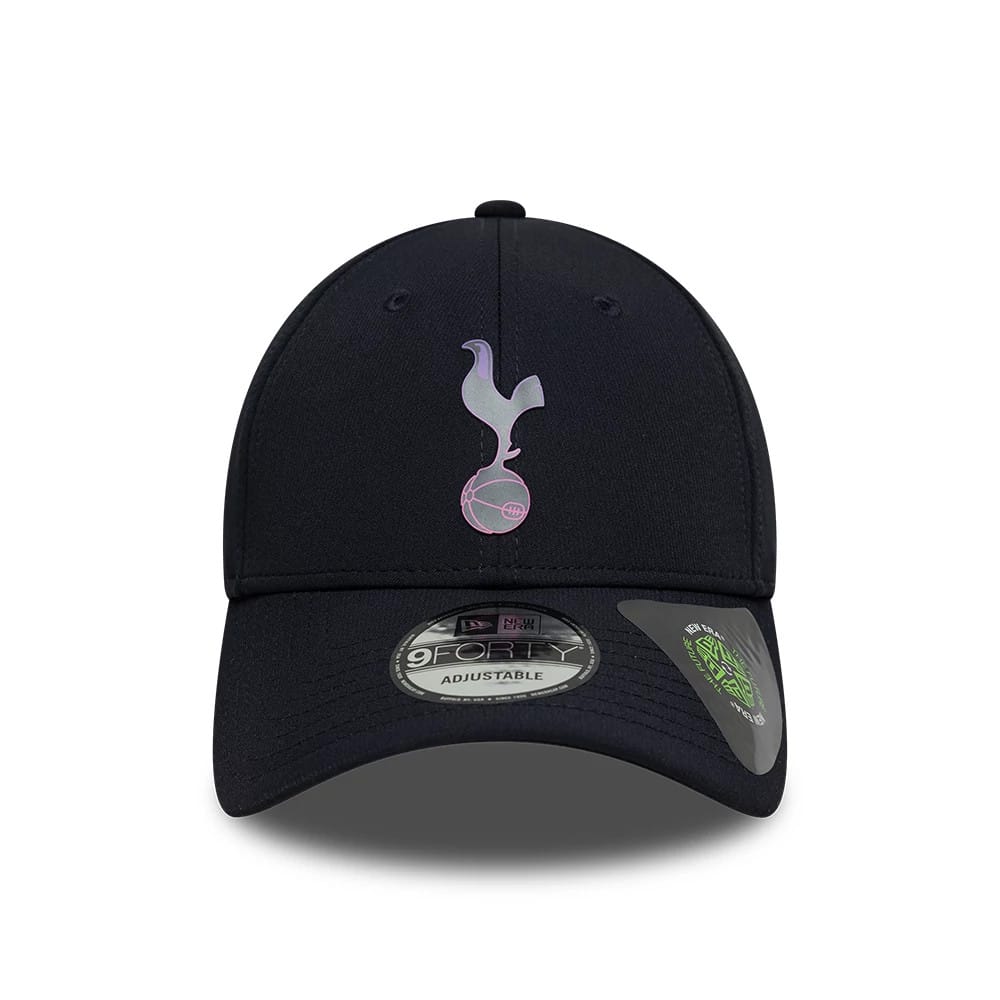 Tottenham Hotspur FC Recycled Navy New Era 9FORTY Adjustable Cap, front view showing the iridescent cockerel logo embroidered on the navy front panel, curved visor with a 9FORTY size sticker, and eyelets on the structured crown.