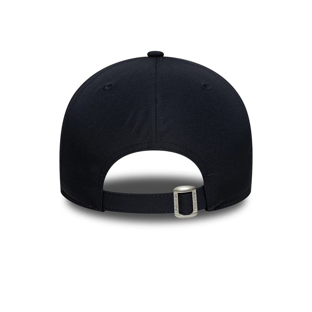 Manchester United FC Gold Navy New Era 9FORTY Adjustable Cap, rear view showing a navy adjustable strap with buckle, embroidered eyelets for ventilation on the structured crown, and a top button in matching navy fabric.