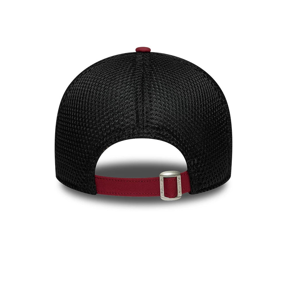 Aston Villa FC Featherweight Poly Dark Red New Era 9FORTY Adjustable Cap, rear view showing the red buckle strap with clasp for size adjustment, a structured black mesh crown, and a matching red top button.