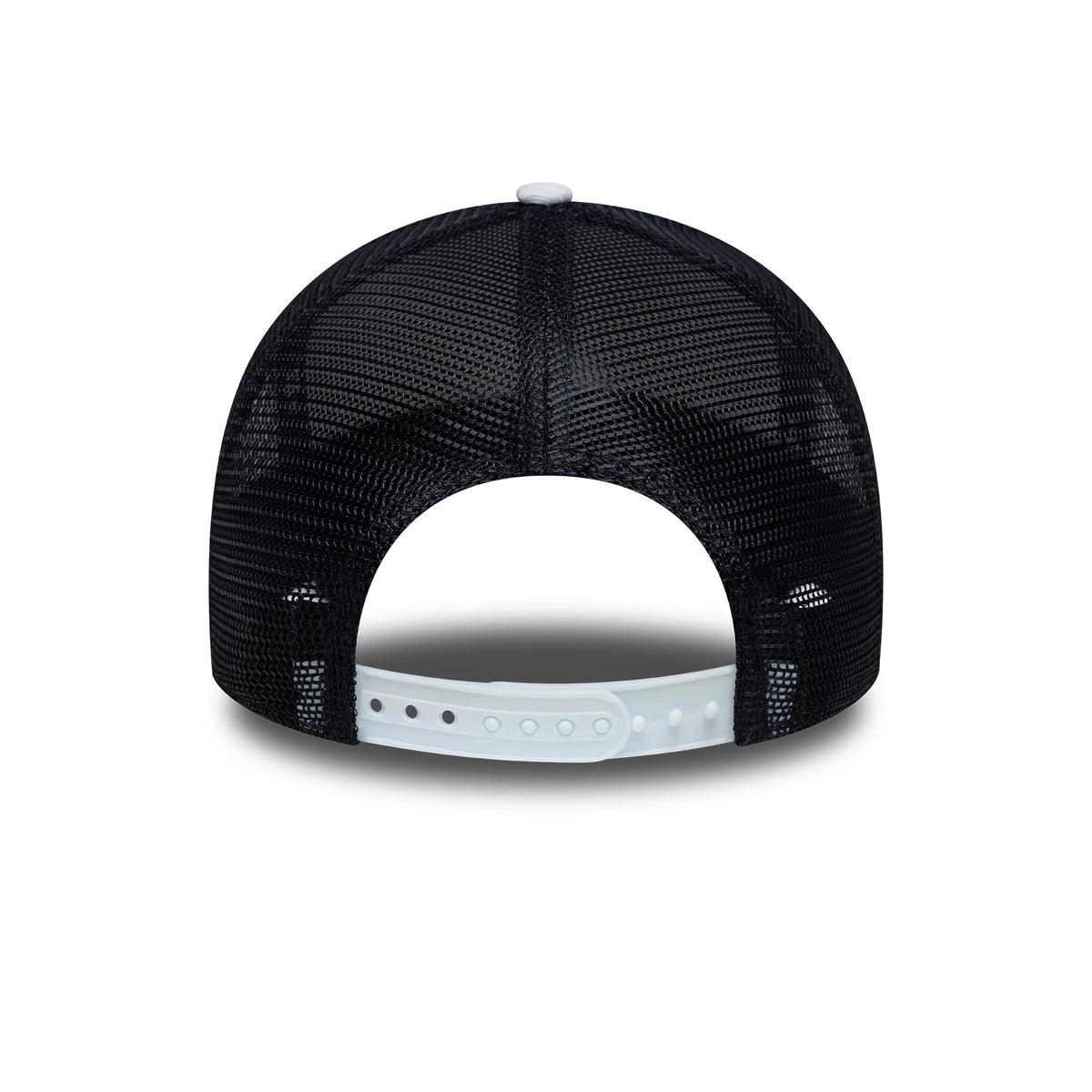 Tottenham Hotspur FC Pattern Knit White New Era 9FORTY E-Frame Trucker Adjustable Cap, rear view showing a structured black mesh crown, a white top button, and a white adjustable snapback closure at the back for a custom fit.