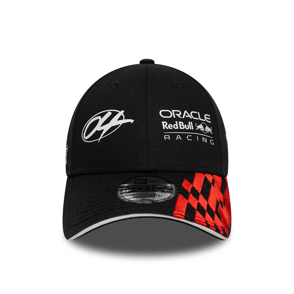 Red Bull Racing Visor Graphic Black New Era 9FORTY Adjustable Cap, front view showing the white Oracle Red Bull Racing and graphic logos embroidered on the black crown, with a red chequered pattern on the visor and a 9FORTY size sticker.
