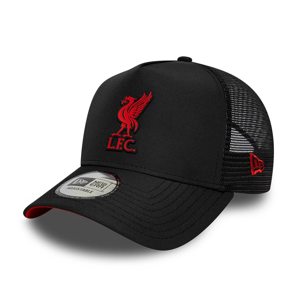Liverpool FC Gradient Black New Era 9FORTY A-Frame Trucker Adjustable Cap, front view showing the red embroidered L.F.C. logo on the structured black crown, black mesh back panels, and the red undervisor with a 9FORTY size sticker on the visor.