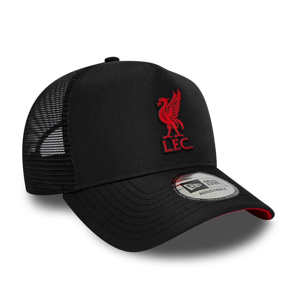Liverpool FC Gradient Black New Era 9FORTY A-Frame Trucker Adjustable Cap, three-quarter view showing the red raised embroidered L.F.C. logo on the front panel, black mesh on the side and back panels.