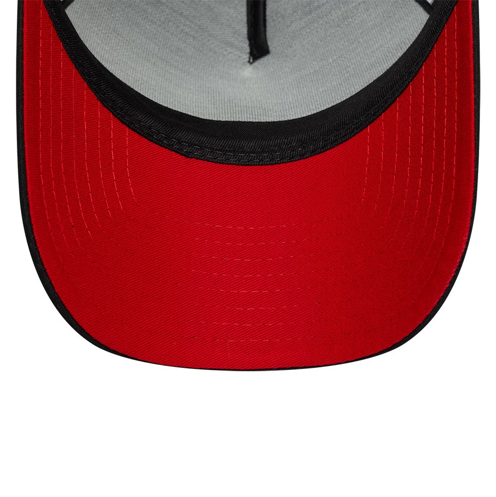 Liverpool FC Gradient Black New Era 9FORTY A-Frame Trucker Adjustable Cap, inside view showing the red undervisor, black taping along the seams, and a contrasting light grey sweatband encircling the inner edge of the cap.