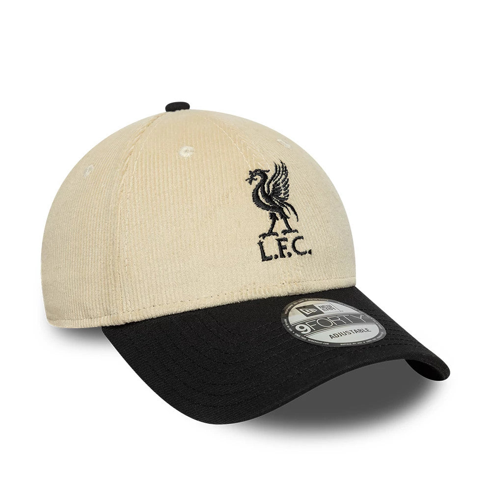 Liverpool FC Cord Cream & Black New Era 9FORTY Adjustable Cap, front view showing the black embroidered L.F.C. and Liverbird logo on the cream corduroy front panel, with a contrasting black curved visor featuring a 9FORTY size sticker.