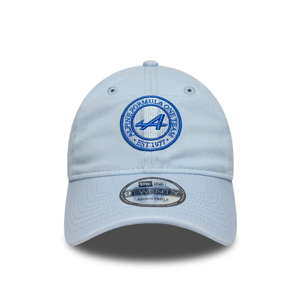 Alpine Racing Heritage Logo Blue New Era 9TWENTY Adjustable Cap, front view showing a blue embroidered Alpine Formula One Team logo on the front panel, a matching blue top button, and the New Era 9TWENTY size sticker on the curved visor.