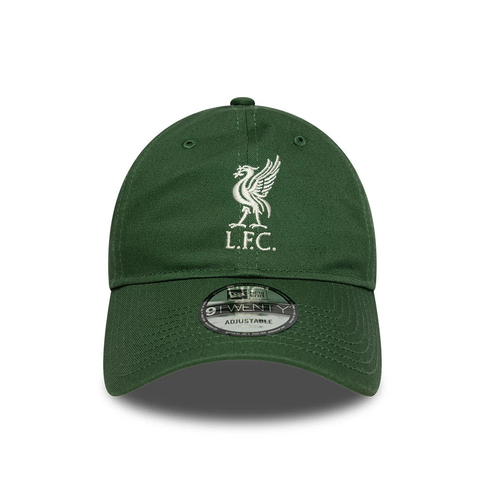 Liverpool FC Dark Green New Era 9TWENTY Adjustable Cap, front view showing the white embroidered Liverpool FC crest on the centre of the unstructured crown, with a curved visor and a 9TWENTY size sticker on the visor.