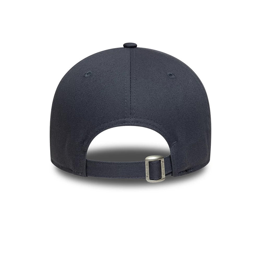 Visa Cash App Racing Bulls Grey New Era 9FORTY Adjustable Cap, rear view showing the grey fabric strap with a buckle at the back, an opening below the structured crown, and embroidered eyelets on each side.