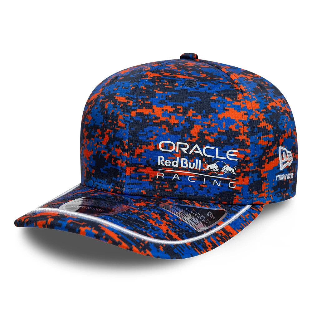 Red Bull Racing Digi Camo Dark Blue New Era 9SEVENTY Stretch Snap Adjustable Cap, front view showing the white embroidered Oracle Red Bull Racing logo on the front panel, digital camouflage pattern on the structured crown.